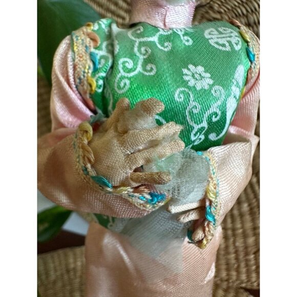 Vintage Asian Fabric Doll on Wood Base - Picture 3 of 12